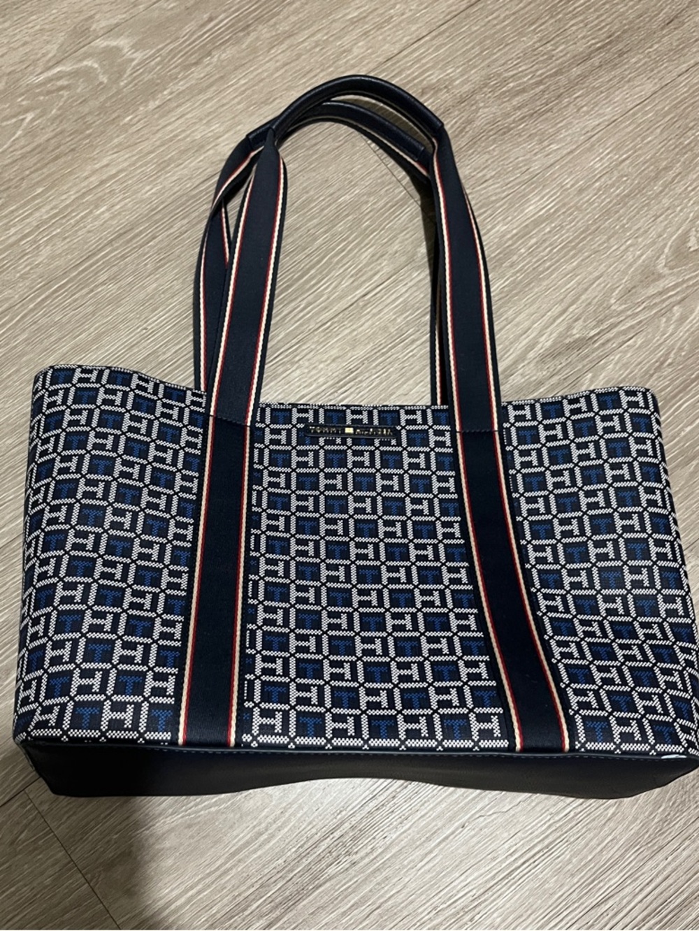 Tommy Hilfiger Navy Geometric Logo Tote with Striped Handles